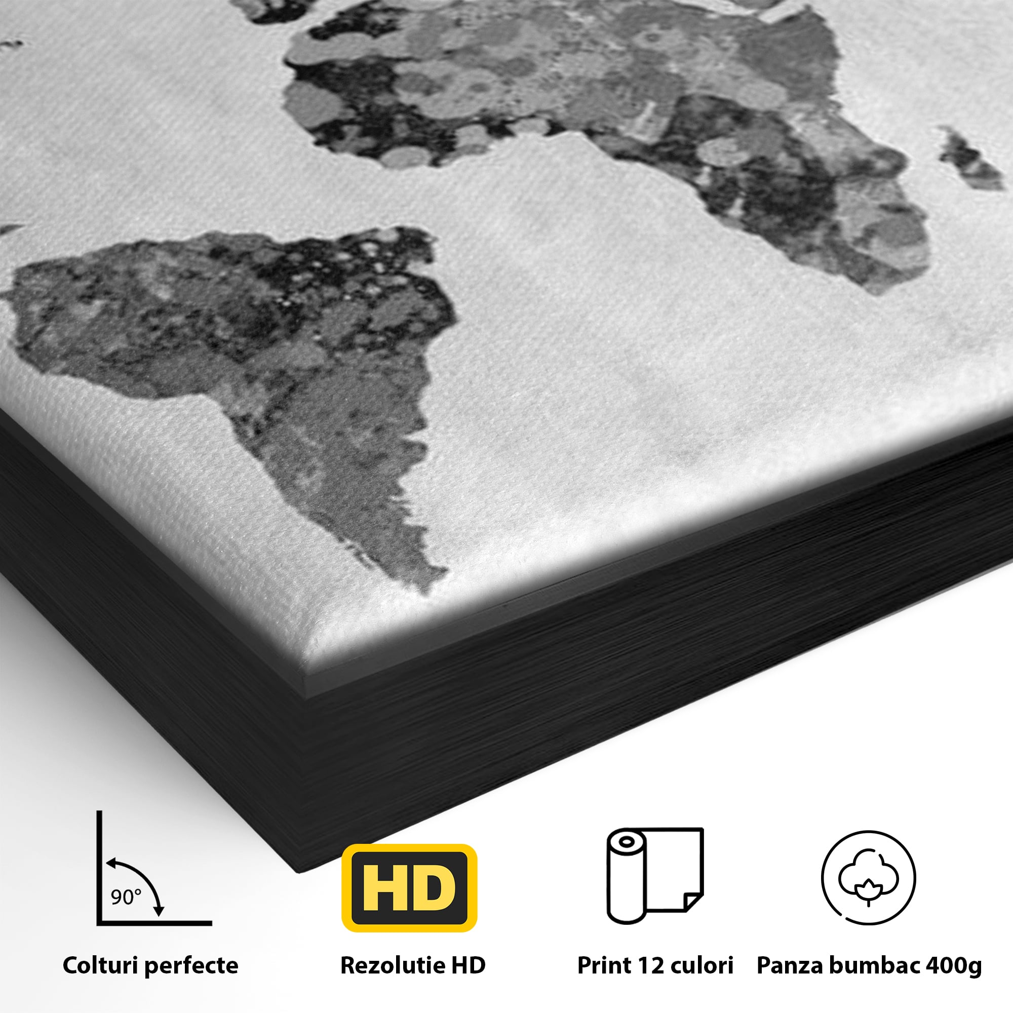 Detaliu al suprafetei: harta lumii in tonuri de gri, in rama de aluminiu negru